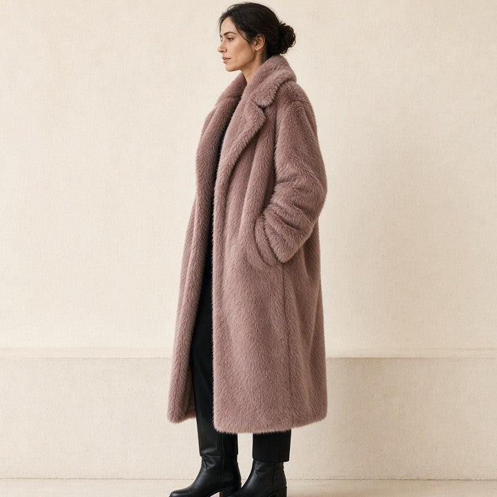 Belted Faux Fur Coat with Notch Lapel