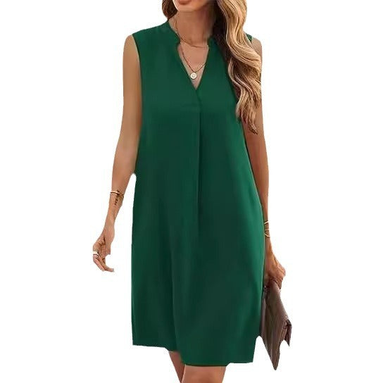 Sleeveless Elegant V-neck Loose Solid Color Dress Women