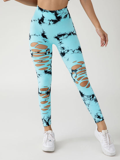 New Style Women's High-Waisted Yoga Leggings With Hollow-Out & Tie-Dye Design