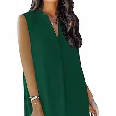 Sleeveless Elegant V-neck Loose Solid Color Dress Women