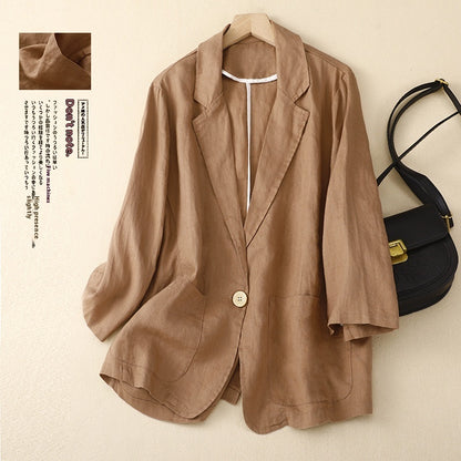 Cotton And Linen Casual 34 Sleeve Short Pure Color Artistic Coat