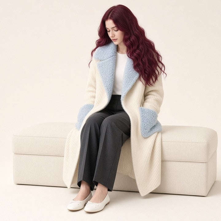 Fur Collar Long Stitching Cardigan Loose Knitted Overcoat Coat