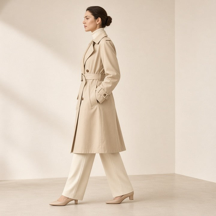 Women's Classic Trench Coat, Solid Color Long Sleeve Belted Mid-Length Jacket With Button Detail For Spring And Fall