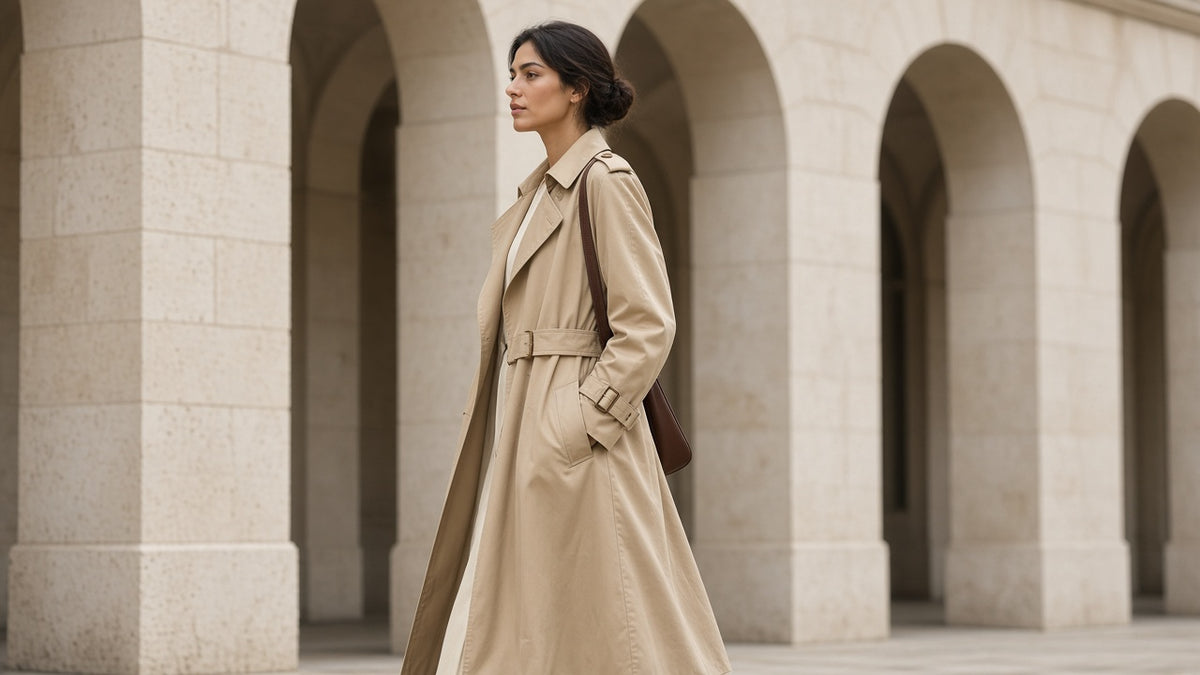 Women's Classic Trench Coat, Solid Color Long Sleeve Belted Mid-Length Jacket With Button Detail For Spring And Fall