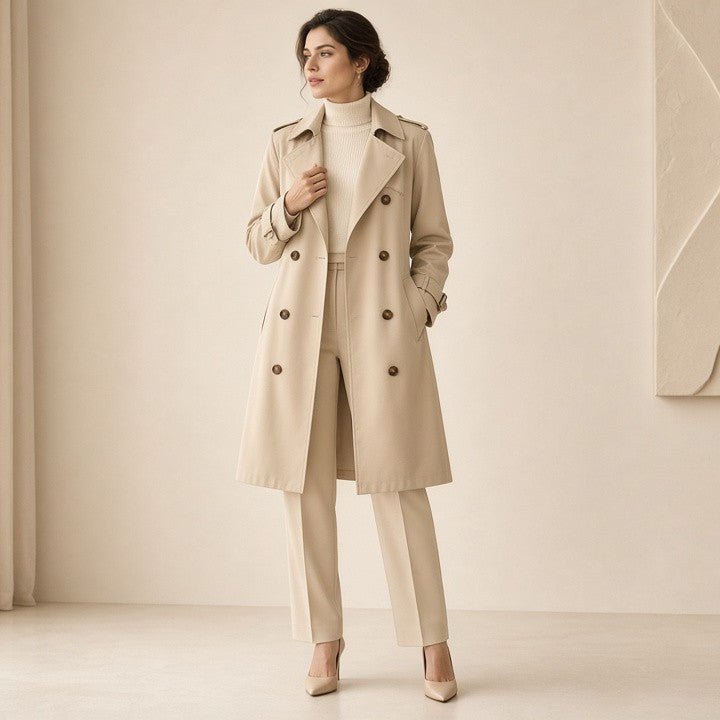 Women's Classic Trench Coat, Solid Color Long Sleeve Belted Mid-Length Jacket With Button Detail For Spring And Fall