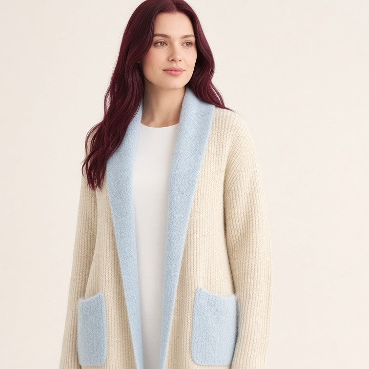 Fur Collar Long Stitching Cardigan Loose Knitted Overcoat Coat