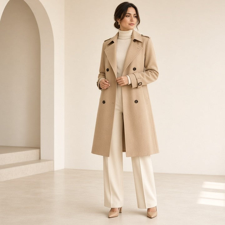 Women's Classic Trench Coat, Solid Color Long Sleeve Belted Mid-Length Jacket With Button Detail For Spring And Fall
