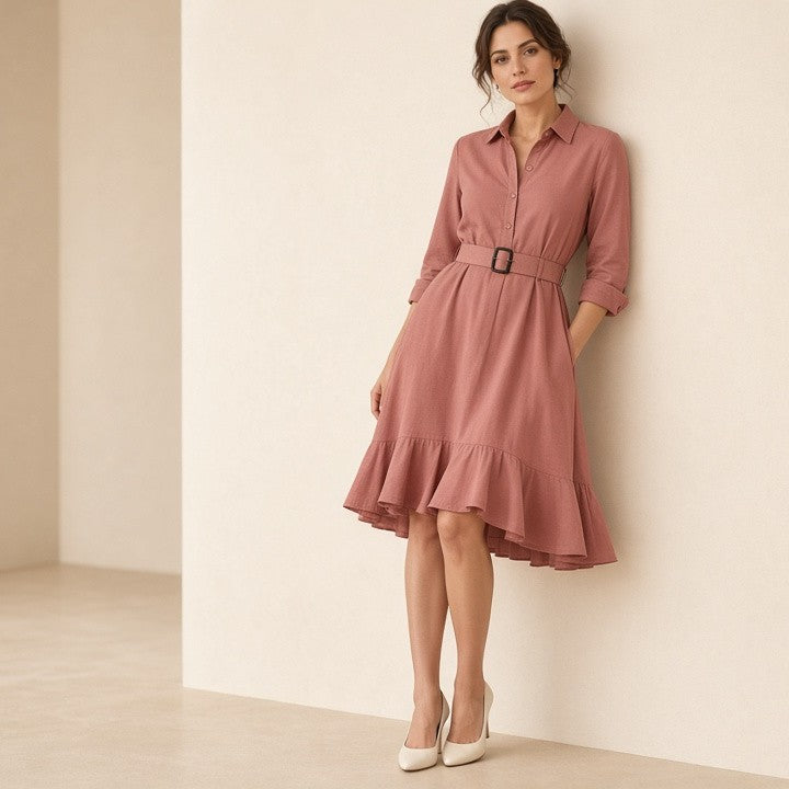 3/4 Sleeve Belt Skirt Ruffled Retro Dress, photo 12 of 16