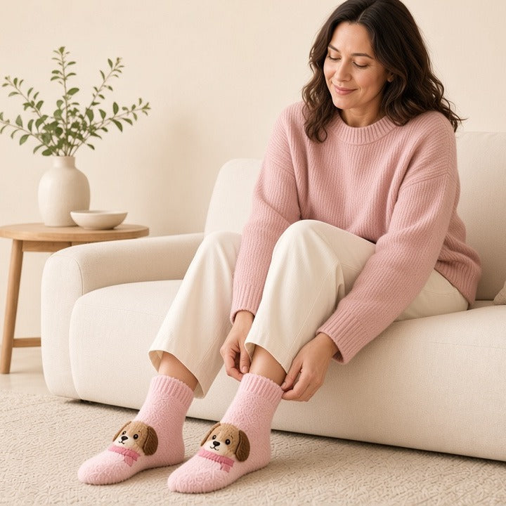 Cute Cartoon Dog Floor Socks Winter Warm Non-slip Plush Socks For Women