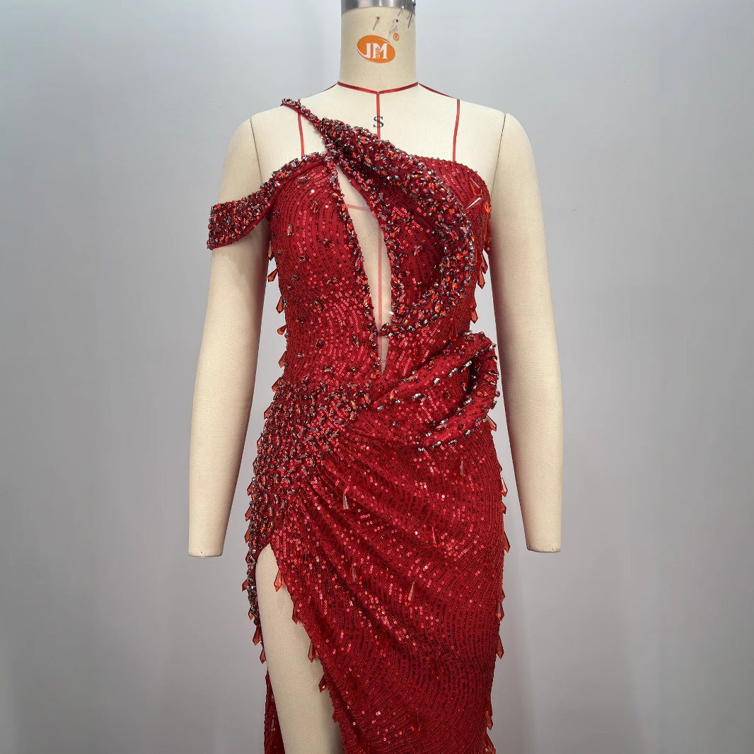 Luxury Ruby Sexy Cutout Shoulder High Slit Dress