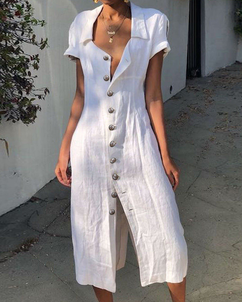 White Short Sleeve Lapel Slim-fit Cardigan Midi Dress