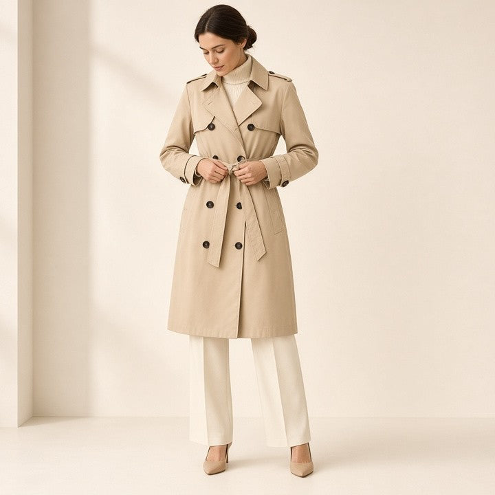 Women's Classic Trench Coat, Solid Color Long Sleeve Belted Mid-Length Jacket With Button Detail For Spring And Fall
