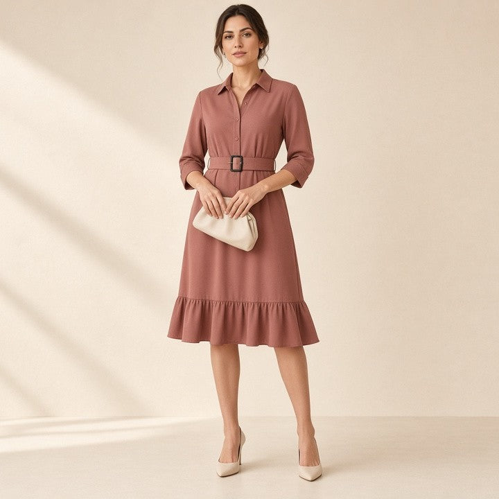 3/4 Sleeve Belt Skirt Ruffled Retro Dress, photo 13 of 16