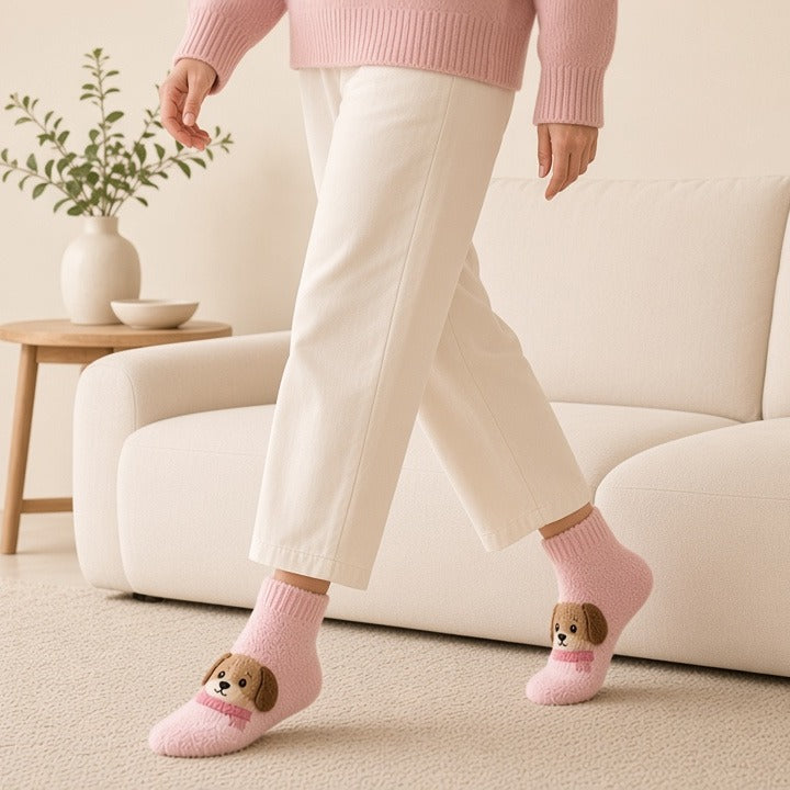 Cute Cartoon Dog Floor Socks Winter Warm Non-slip Plush Socks For Women