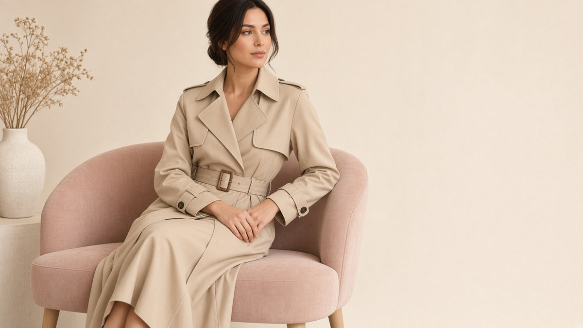 Women's Classic Trench Coat, Solid Color Long Sleeve Belted Mid-Length Jacket With Button Detail For Spring And Fall