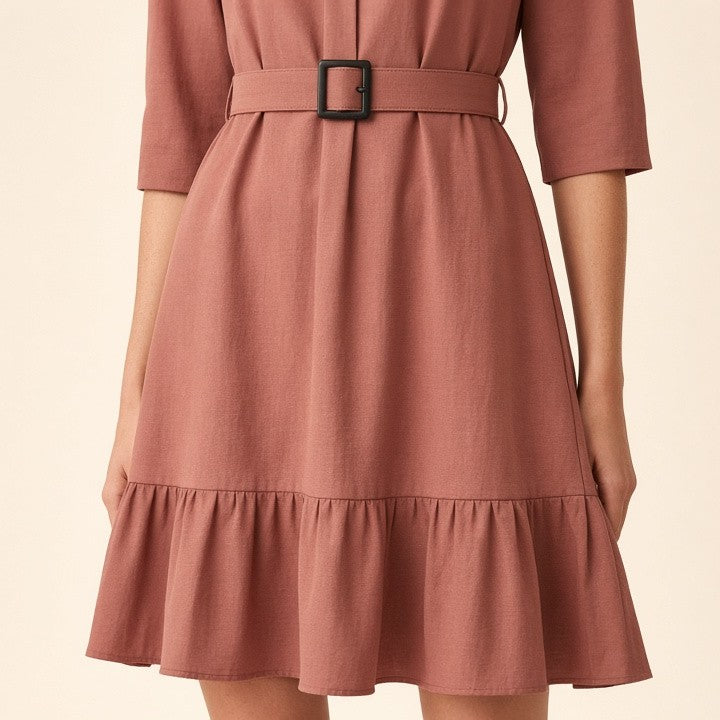 3/4 Sleeve Belt Skirt Ruffled Retro Dress, photo 14 of 16
