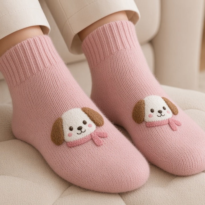 Cute Cartoon Dog Floor Socks Winter Warm Non-slip Plush Socks For Women