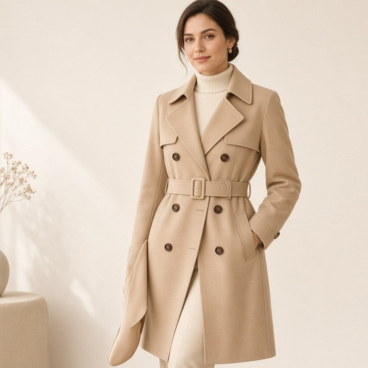 Women's Classic Trench Coat, Solid Color Long Sleeve Belted Mid-Length Jacket With Button Detail For Spring And Fall