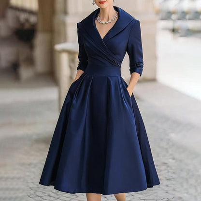 Women's Elegant Solid Cross V-Neck Midi Dress With Flared Skirt And Pockets Spring Summer Formal Dress