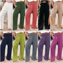 Spring And Summer Women's Clothing Cotton Linen Pure Color Elastic Waist Wide Leg Pants Casual Pants Trousers For Women