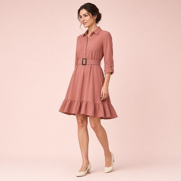 3/4 Sleeve Belt Skirt Ruffled Retro Dress, photo 15 of 16
