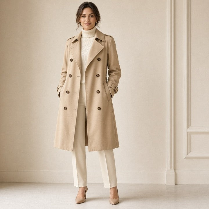 Women's Classic Trench Coat, Solid Color Long Sleeve Belted Mid-Length Jacket With Button Detail For Spring And Fall