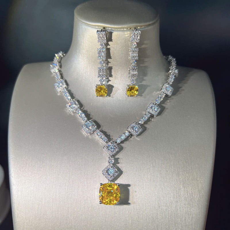 European And American Light Luxury Yellow Zircon Earrings Necklace