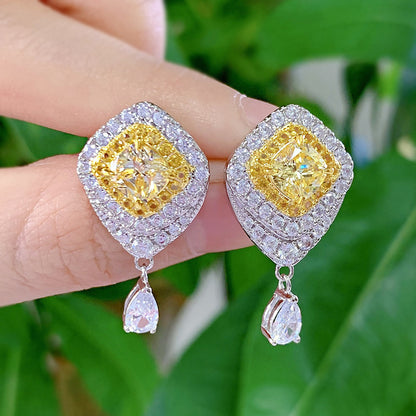 High Carbon Diamond Yellow Diamond Stud Earrings Female Light Luxury S925 Silver Ear Jewelry