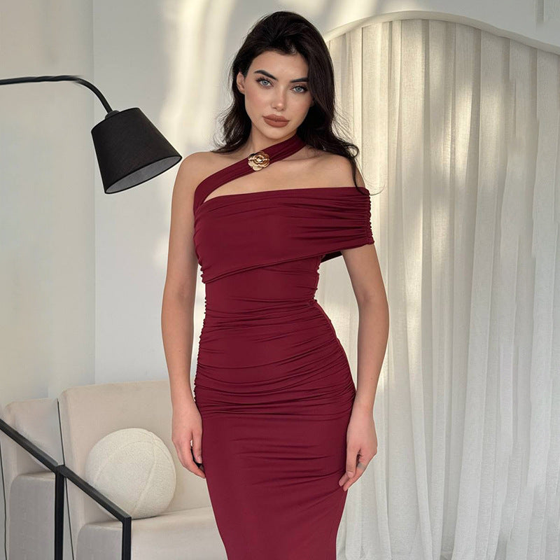 Slant Shoulder Waist Dress Women's Slim-fit Halter Women