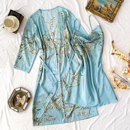 Printed Ice Silk Sling Nightgown Suit