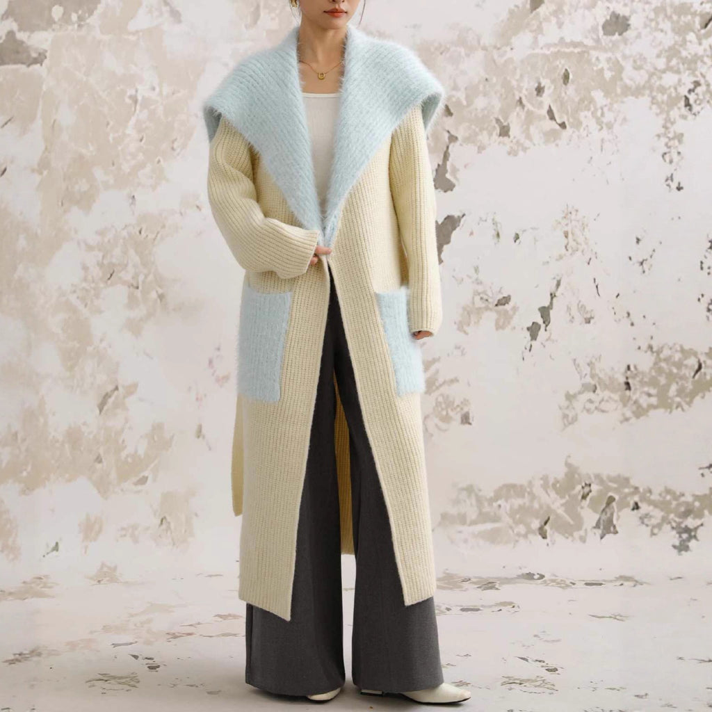Fur Collar Long Stitching Cardigan Loose Knitted Overcoat Coat