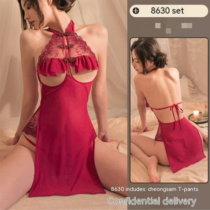 Sexy Lingerie Cutout Lace Seduction Cheongsam Hot Small Chest See-through Uniform Pajamas