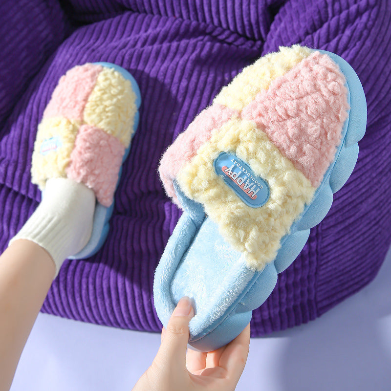 Color-matching Home Slippers Winter EVA Thick-soled Warm Plush Cotton Slippers Women Men Indoor Anti Slip House Shoes