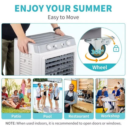 3 In 1 Portable Evaporative Cooler,Indoor,Outdoor,2353CFM Personal Air Cooler,7.9 Gal Large Water Tank & Scroll Casters, 4 Ice Packs,White, Manual Control