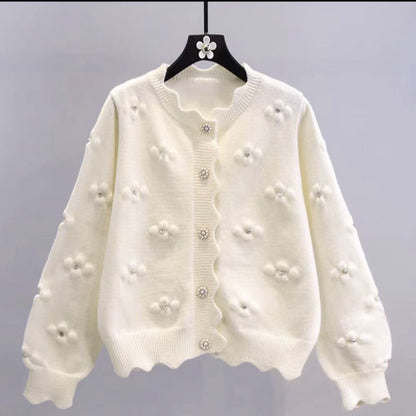 Pull-over à petites fleurs perlées en trois dimensions, cardigan tricoté de style universitaire japonais de style occidental d'apparence jeune