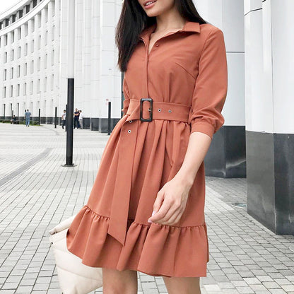 3/4 sleeve belt skirt ruffled retro style slim dress