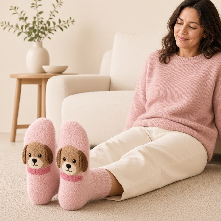 Cute Cartoon Dog Floor Socks Winter Warm Non-slip Plush Socks For Women
