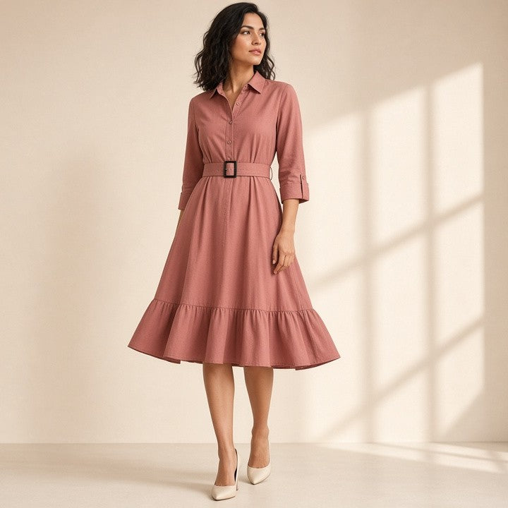3/4 Sleeve Belt Skirt Ruffled Retro Dress, photo 16 of 16