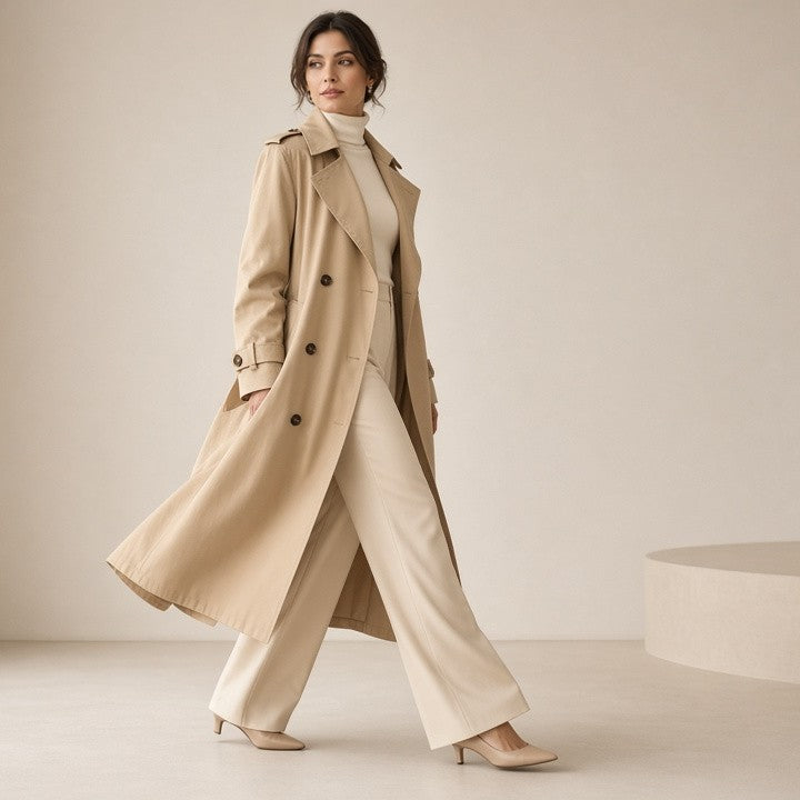 Women's Classic Trench Coat, Solid Color Long Sleeve Belted Mid-Length Jacket With Button Detail For Spring And Fall
