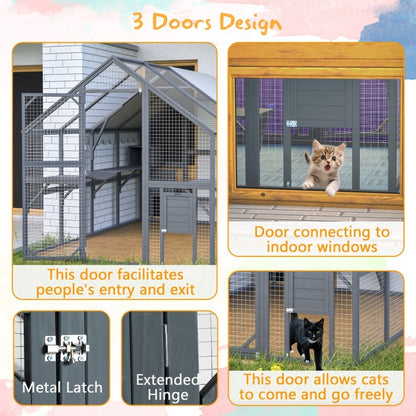 Extra Spacious Catio Outdoor Cat Haven, 110 Inch Luxury Cattery With Weather-Resistant Roof, Cat Climbing Ramp, Space Pod Bed, 2 Lounging Huts