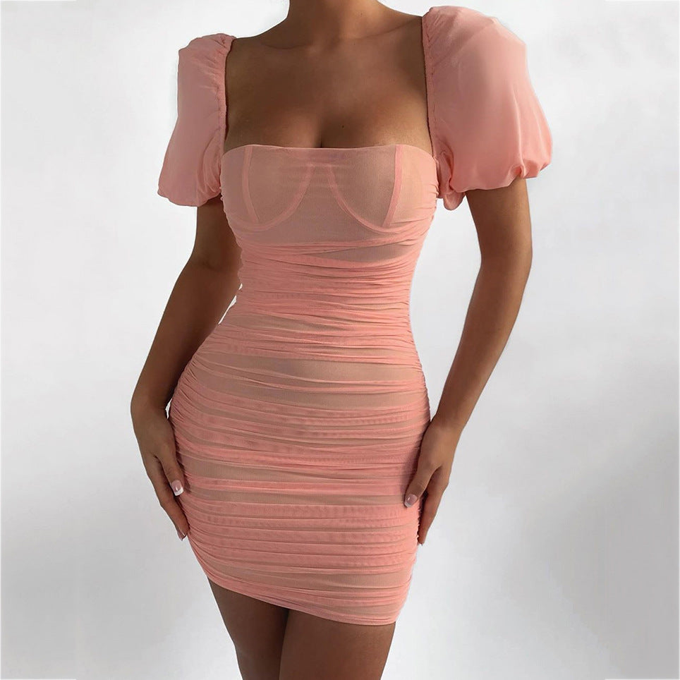 Sexy mesh see-through square neck bubble skirt