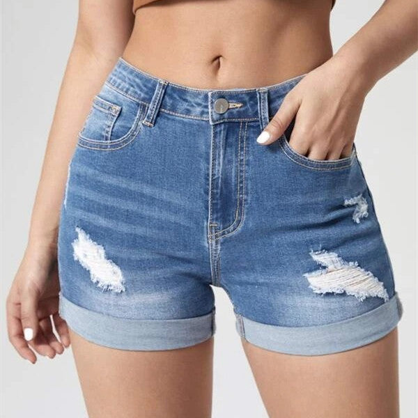 Women's Fashion Holes Curling High Elastic High Waist Denim Shorts