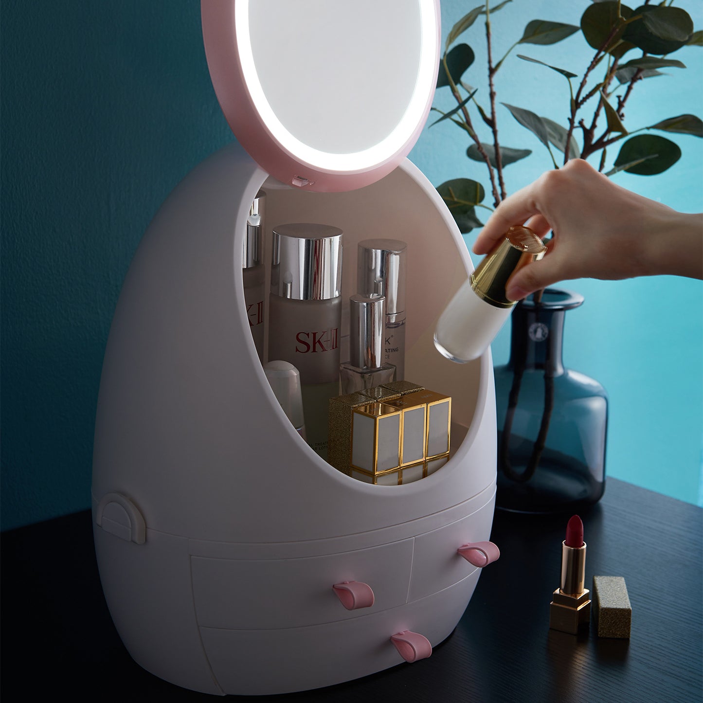 Net red cosmetics storage box with mirror and vibrato with the same dust-proof dressing table desktop lipstick skin care product rack