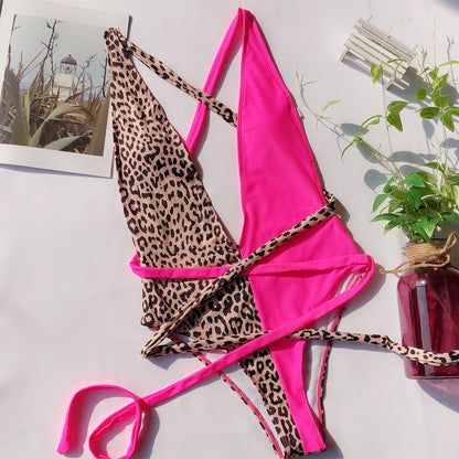 European and American new bikini aliexpress ebay one-piece bikini bikini leopard print hollow strap one-piece swimsuit