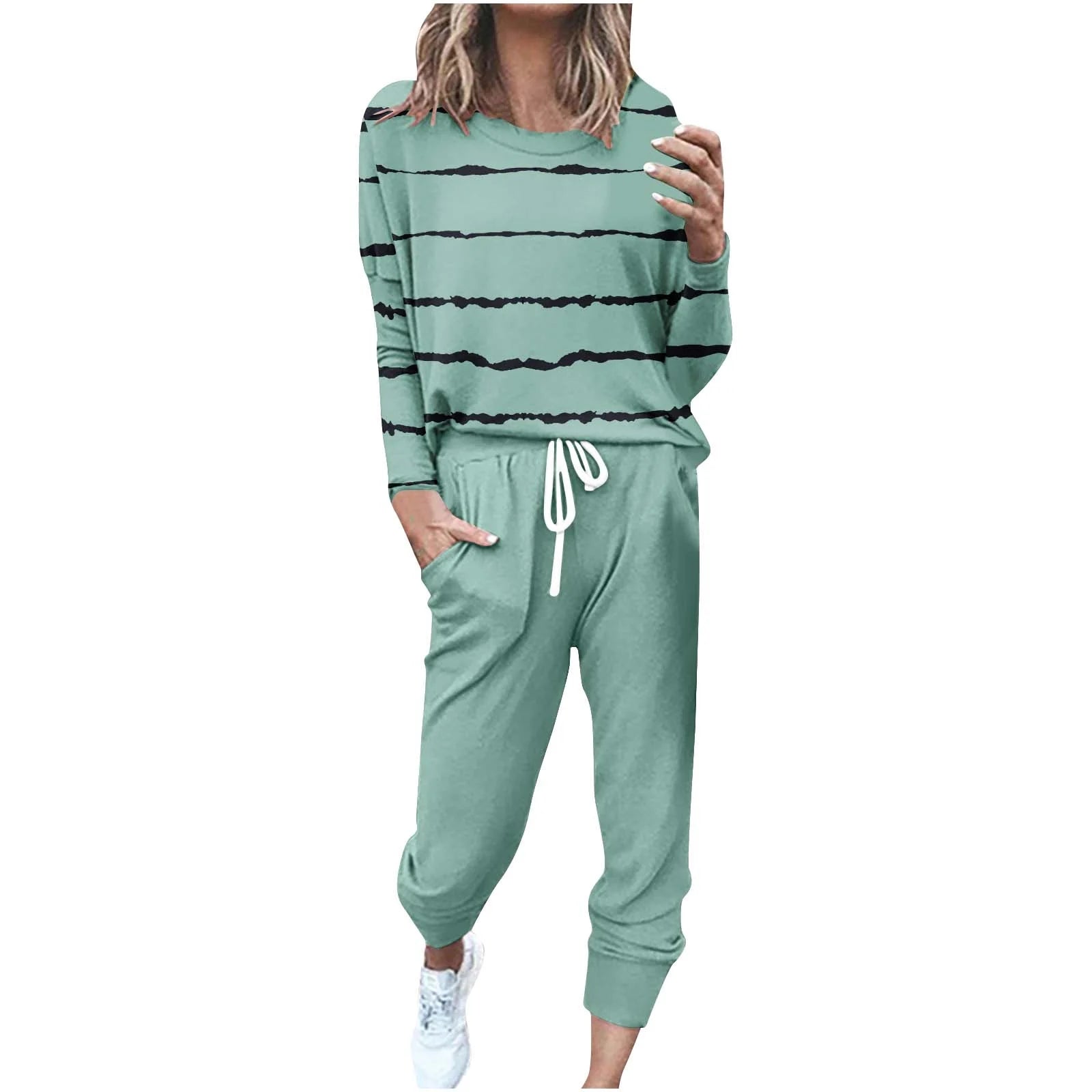 Two Piece Outfits for Women Jogging Suits Casual Striped Printed Long Sleeve Sweatsuits Jogger Pants Workout Athletic Tracksuits with Pockets