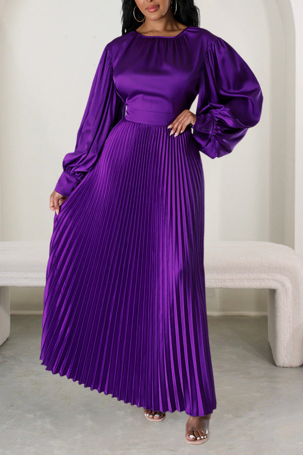 European And American Waist Loose Long Sleeve Pleated Dress