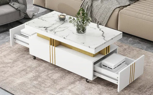 Coffee Table With Faux Marble Top, Rectangle Cocktail Table With Caster Wheels, Moderate Luxury Center Table With Gold Metal Bars For Living Room, White