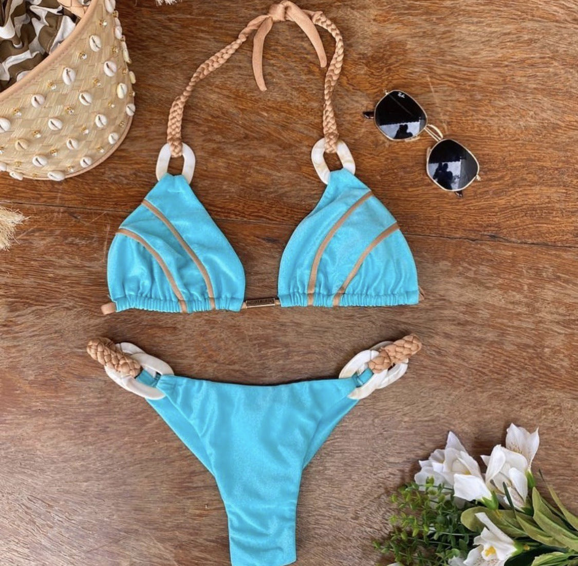 Cross-border Swimsuit 2025 New AliExpress Amazon Solid Color Strap Bikini European and American Sexy Swimwear