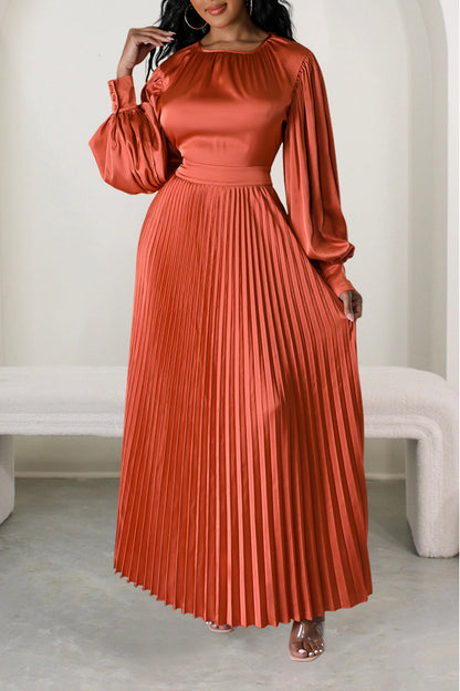 European And American Waist Loose Long Sleeve Pleated Dress