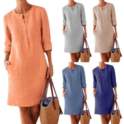 2023 cross-border spring new Amazon AliExpress hot style large size women's clothing cotton and linen round neck long-sleeved dress